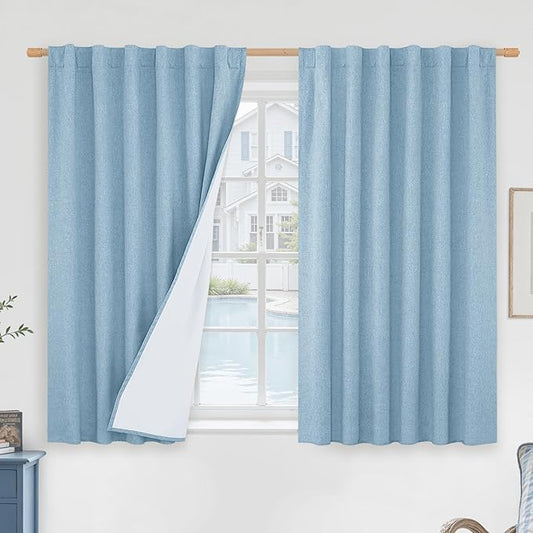 LAMIT Full Blackout Window Curtains for Boy Bedroom, 54 Inches Thermal Farmhouse Curtains Back Tab and Rod Pocket Privacy Protected Panels with White Liner, 2 Panels, 52 x 54 Inch, Stone Blue