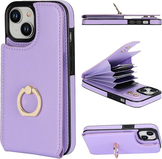 Folosu Compatible with iPhone 15 Case Wallet with Card Holder, 360°Rotation Finger Ring Holder Kickstand, RFID Blocking Leather Protective Double Buttons Shockproof Cover 6.1 Inch (Purple)