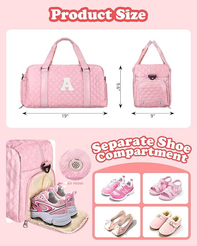 Elilier Initial Gym Bag for Kids Girls, Travel Duffel Bag, Teacher Appreciation Gifts Ideas, Mother's Day Gift Ideas