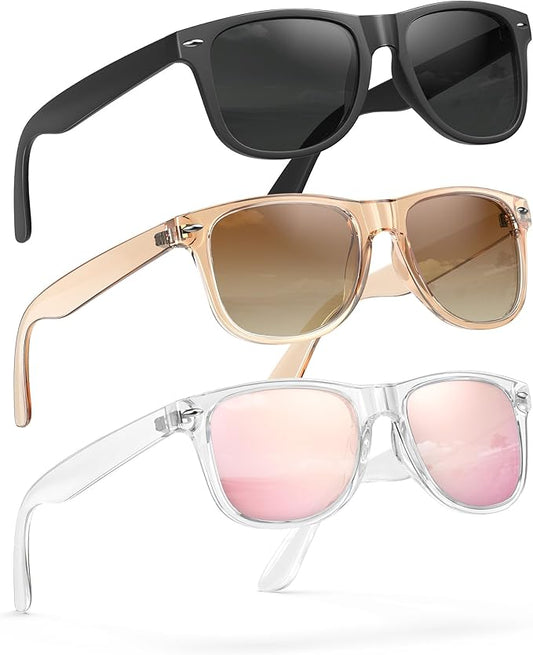 Sunglasses Womens Men Polarized UV400 Protection Trendy Classic Retro Square Mirrored Womens Sunglasses 3 Pack