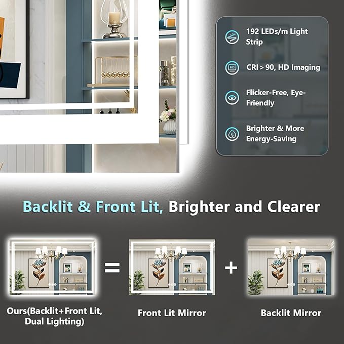55x36 LED Bathroom Mirror with Lights, Backlit and Front Lit, Anti-Fog Lighted Vanity Mirrors for Bathroom Wall, Dimmable, 3-Color Light, Memory, Shatter-Proof, HD Tempered Glass, CRI＞90