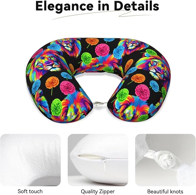 Comfortable Memory Foam Travel Neck Pillow, Funny Chin/Head Cushion Supporting Airplane Car Pillows Watercolor Lion Art Painting for Sleeping Outdoors Travel Office