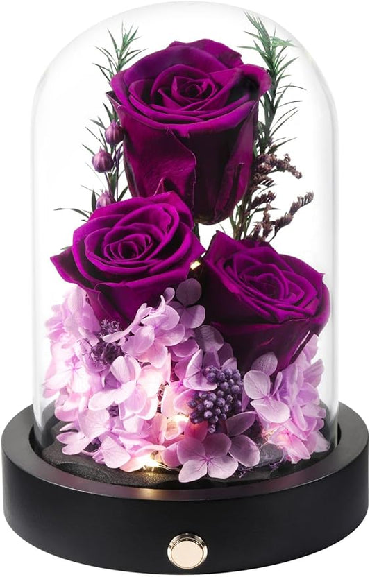 Flowers Gifts for Women, Preserved Roses in Glass Dome, Forever Flowers for Delivery Mothers Day Birthday Gifts for Mom Wife Girlfriend on Valentines Day Anniversary Christmas Purple