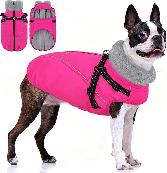 AOFITEE Dog Coat, Waterproof Dog Jacket with Harness Built in, Dogs Coats for Lage Dogs, Warm Fleece Zipped Pet Puffer Jacket, Outdoor Cold Weather Coats Pet Snowsuit for French Bulldog, Pink L
