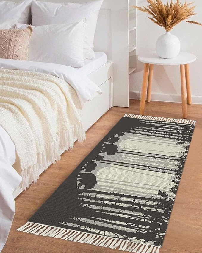 Rustic Bear Runner Rug 2X4 Ft Entryway Outdoor Indoor Mat, Washable Woven Forest Animal Rustic Cabin Throw Carpet with Tassel, Non-Shedding Farmhouse Vintage Nature Scenery Art Hallway Bath Mats