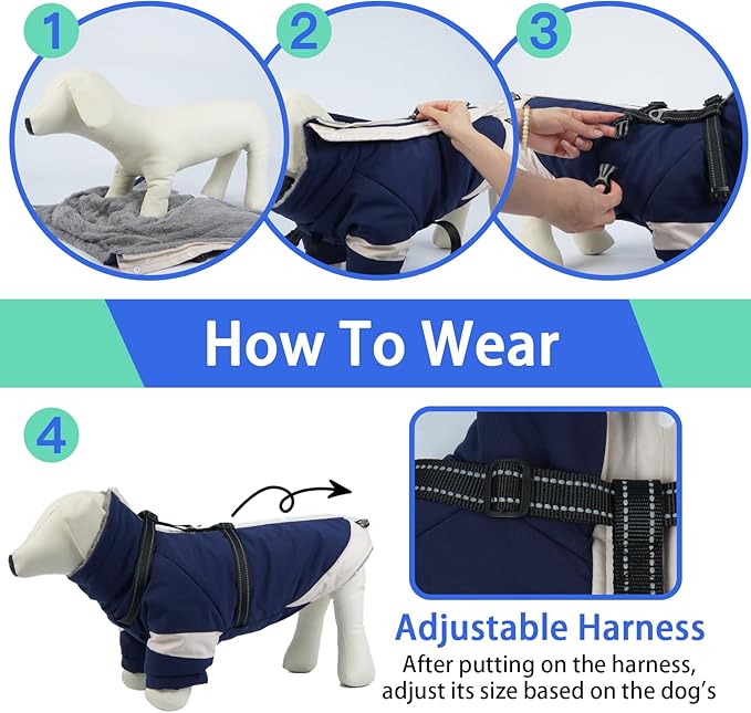 MIGOHI Ultra Thick Dog Jacket,Reflective Medium Dog Coat with Harness Built in,Warm Pet Winter Coat Zip Up Puffer Jacket with Furry Collar for Medium Dogs with Legs Outdoor Adventure,L,NavyBlue