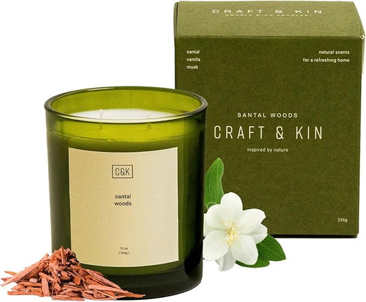 Craft & Kin 12oz Santal Woods Scented Candle for Home | Premium Green Winter Scented Candles for Men | Made with Natural Soy | Gifts for Men and Women | Nature Collection