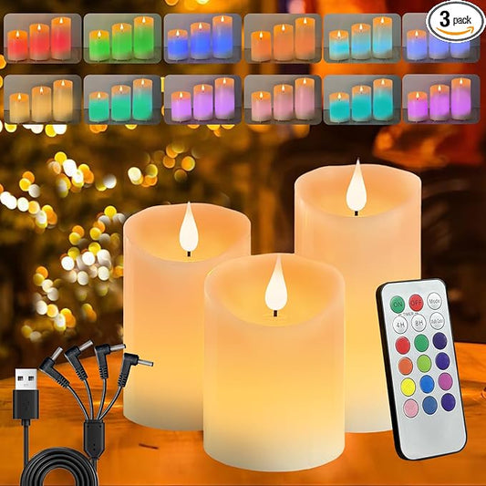 Flameless Candle RGB Set, Flickering LED Pillar Real Wax Candle with Remote Control and Timer, Upgraded Blue Flame Heart, Built-in Battery Rechargeable Flameless Candle, 1 Set of 3