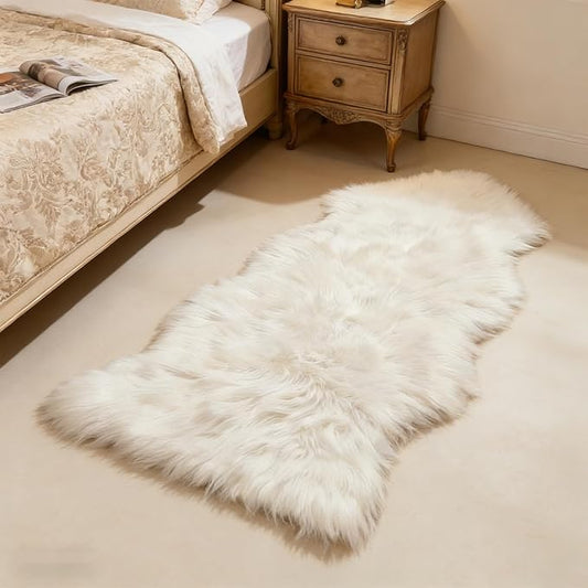 White Faux Fur Sheepskin Area Rug for Living Room Bedroom, 2 x 4 Feet Ultra Soft Shaggy Fuzzy Furry Carpet Chair Throw Rugs for Kids, Girls, Nursery Room Decor Dorms-Special Shape
