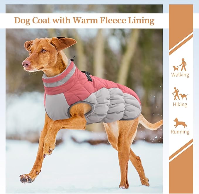 OUOBOB Dog Coats for Large Dogs,XL Dog Coat,Warm Fleece Winter Coat with D-Ring,Back Zipper Pet Jacket for Large Dogs,Waterproof Pet Snow Jacket Clothes Snowsuit Beagle Corgi Border Collie,Pink,XL
