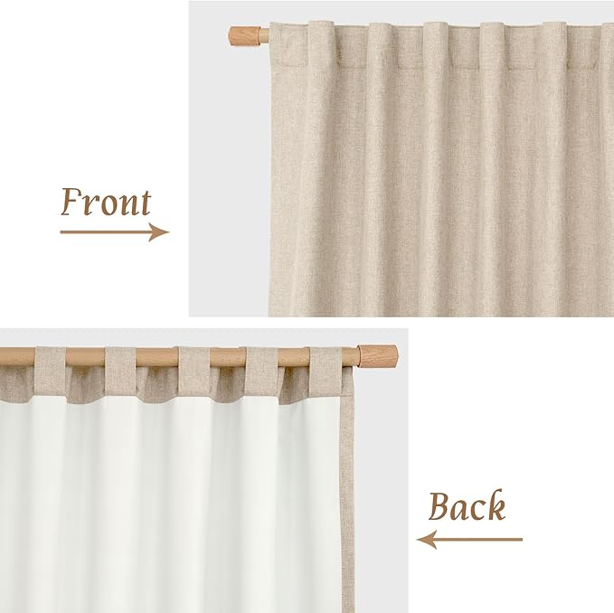 LAMIT 100% Blackout Natural Linen Curtains, 78 Inches Linen Textured Thermal Bedroom Curtains Back Tab and Rod Pocket Neutral Panels with White Liner for Farmhouse, 2 Panels, 52 x 78 Inch, Linen