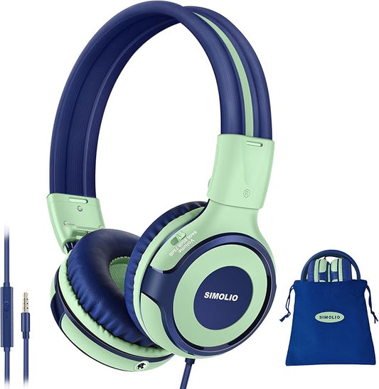 SIMOLIO Kids Headphones for School, Safe Volume Limiter Headphone with Microphone, Adjustable Sturdy & Foldable, Stereo Wired Headsets for Child, Toddler, Boys, Girls, Online Course (Green)