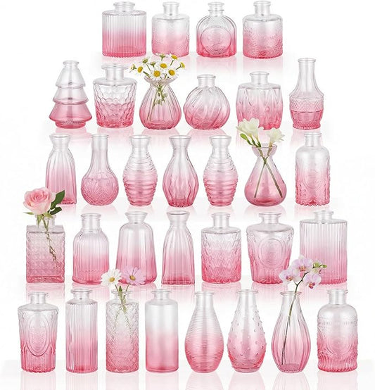 BEAHOT Pink Glass Vases,32 Pack Bud Vase in Bulk,Mini Vintage Glass Flower Vases for Centerpieces,Wedding Decor,Baby Shower & Home Decaration,Mother's Day (Pink Gradient)