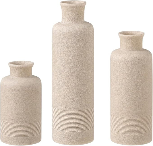Flower Vase Set, Stone Look, 3 PCS Small Decorative Bud Vases for Pampas Grass, Farmhouse Decor, Kitchen, Living Room, Bathroom, Bedroom, Office, Shelf Centerpiece Table Decoration (Beige)