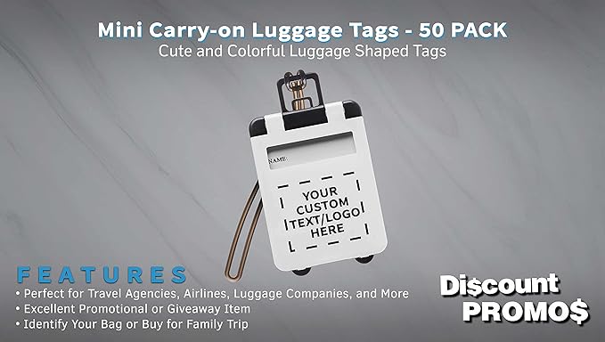 50 Mini Carry-on Luggage Tags Pack - Customizable Text, Logo - Flip Open Cover, ID Sticker - White
