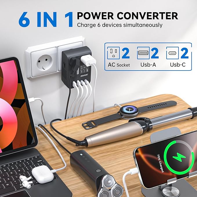 DOACE Voltage Converter US to Europe 350W Convert 220V to 110V for Curling Iron Straightener Shaver, Cordless Converter for European Travel with 2 USB A & 2 USB C Ports Charging, Black