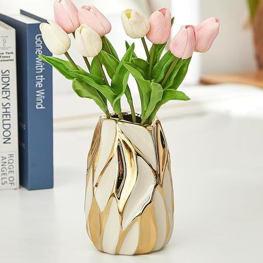 Cream White Ceramic Vase for Flowers, Gold Flower Vase Modern Home Decor, Small Ceramic Vase for Pampas Grass Decorative Vase, for Farmhouse Coffee Table Bookshelf (Small)