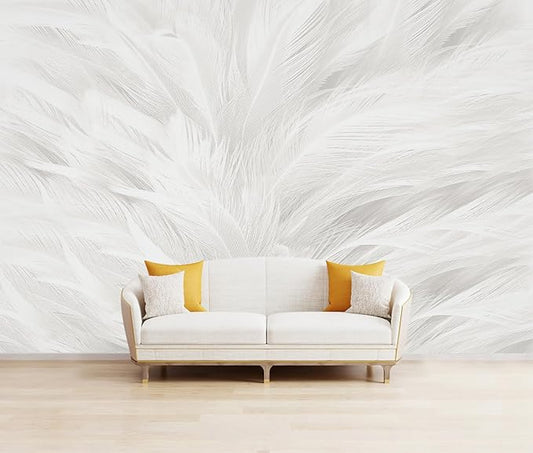 Feather Wallpaper Mural Elegant Gray and White Mural Wallpaper for Living Room Bedroom （Not Peel and Stick）