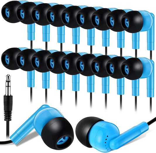 Kanayu 100 Pack Wired Earbuds Bulk for Classroom Ear Headphones Wired Basic Student Earbuds No Microphone with 3.5MM Jack for Class Laptop School Library, Individually Bagged (Blue)