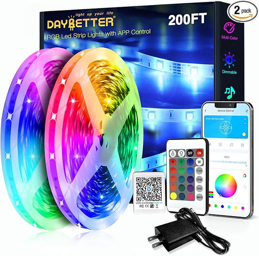 DAYBETTER LED Strip Lights 200ft (2 Rolls of 100ft), Color Changing Lights Strip for Bedroom, Desk, Indoor, Room Bedroom, Girl Boy Brithday Gifts RGB Decor with Remote and 24V Power Supply