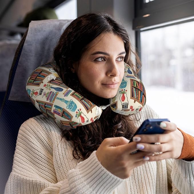 Travel Pillow Chin Neck Support, Comfortable Airplane Car Pillows for Rest, Memory Foam U Shaped Office Home Nap Sleeping Cushion Sleeping Cat Bookshelf Library