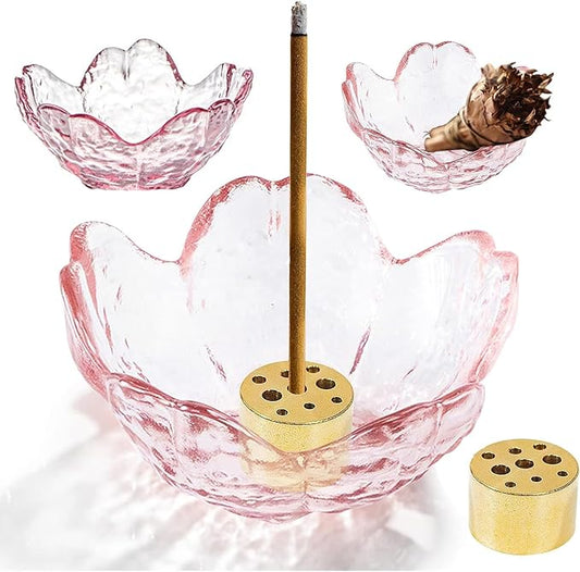 Incense Holder for Sticks and Backflow Incense, Handmade Glass Cherry Blossom Incense Stick Holder with 9 Incenses Holes Incenses Burner Ash Catcher Ideal for Incenses Burning, Home & SPA Decor