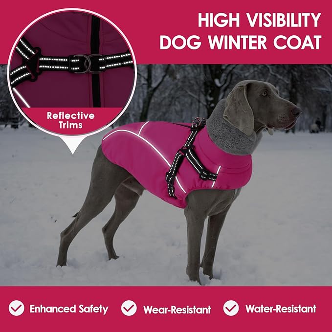 AOFITEE Dog Jacket with Harness Built in, Waterproof Dog Coat for Small Dogs, Warm Fleece Pet Puffer Vest with Zipper on Back & Furry Collar, Reflective Dogs Snow Jacket Small Pet Snowsuit, Pink S