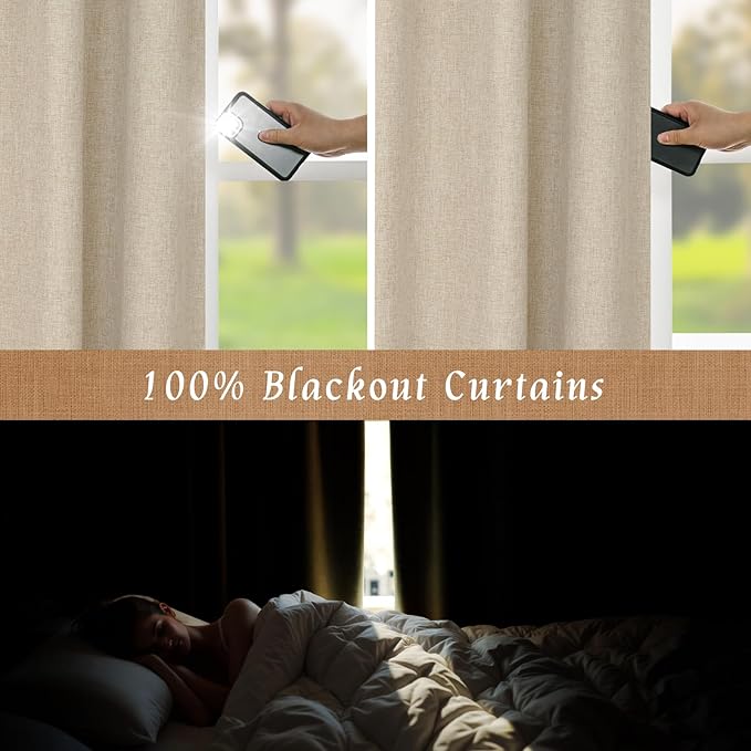 LAMIT 100% Blackout Linen Curtains, 84 Inch Linen Textured Living Room Farmhouse Curtains Room Darkening Back Tab and Rod Pocket Burlap Neutral Panels with White Liner, 2 Panels, 52 x 84 Inch
