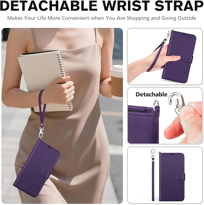 TUCCH Case Wallet for iPhone 17 (6.3") 2025, Wrist Strap, Stand, RFID Blocking, 4 Card Holder, TPU Shockproof Inner Shell, PU Leather, Magnetic Closure Folio Protective Cover, Deep Purple