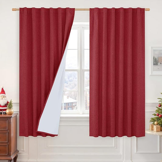 LAMIT 100% Blackout Red Linen Curtains, 63 Inches Linen Textured Thermal Bedroom Drapes Back Tab and Rod Pocket Christmas Panels with White Liner for Livingr Room, 2 Panels, 52 x 63 Inch