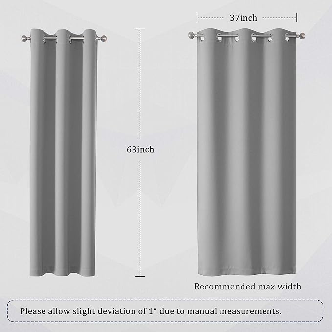 DUALIFE Blackout Curtains for Bedroom -Light Grey 63 Inch Length Grommet Thermal Insulated Window Treatment Room Darkening Window Drapes for Boys Kids Room 2 Panels Set, W42 x L63