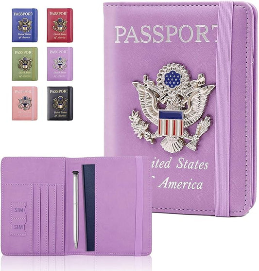 Cnycmy Passport Holder for Travel, Pu Leather Travel Wallet, RFID Blocking, Metal United States Coat of Arms, Waterproof cover for Family (Purple)