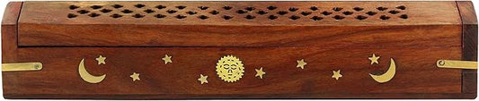 Sheesham Wood Incense Burner - Handmade Coffin Style Sun and Moon Inlay Incense Holder - Aromatherapy Room Freshener Cone Incense Stick Burner Ash Catcher - Zen Home Gift - 12x2x2 - COTTON CRAFT