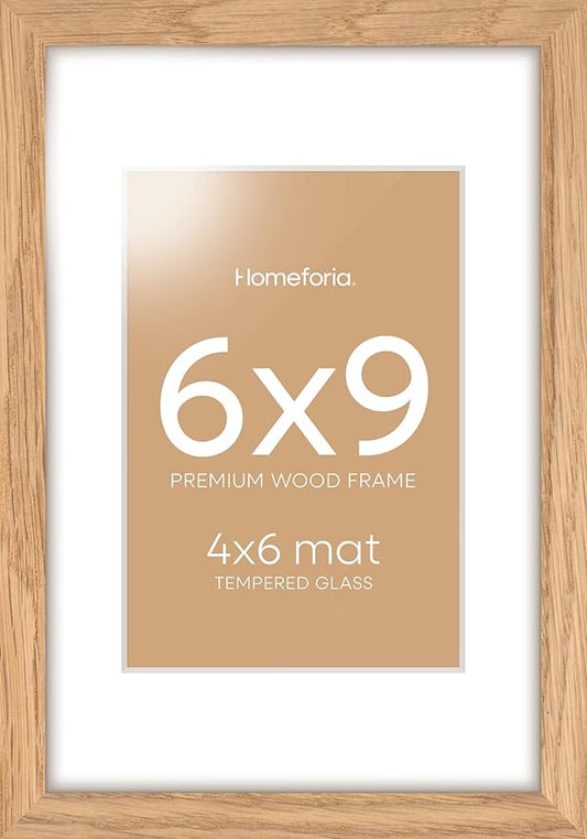 Homeforia 6x9 Picture Frame Natural Wood, High End Oak 6x9 Light Wooden Frames with Mat 4x6 for Photo, 6 x 9 Frame Matted to 4 x 6 Print, 9x6 Wall or Tabletop Frame, Tempered Glass, Wall Kit, Set of 1