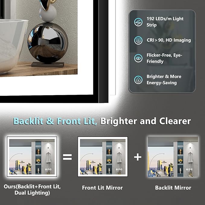36x36 Black Framed LED Bathroom Mirror with Lights, Backlit & Front Lit, Anti-Fog Lighted Vanity Mirrors for Bathroom Wall, Dimmable, 3 Colors, Memory, Shatter-Proof, Tempered Glass, CRI＞90