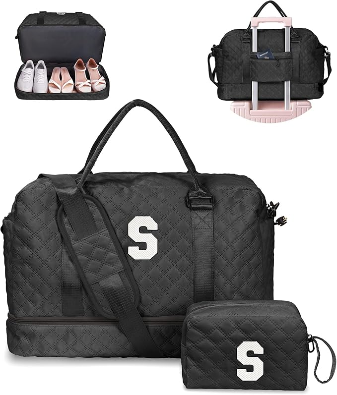 Vogewood Gifts for Granddaughter-Initial Duffle Bag with Shoe Compartment, Personalized Weekender Bag, Monogram Overnight Bag, Letter Travel Bag with Makeup Bag，Daughter Friend Gifts (Letter S)