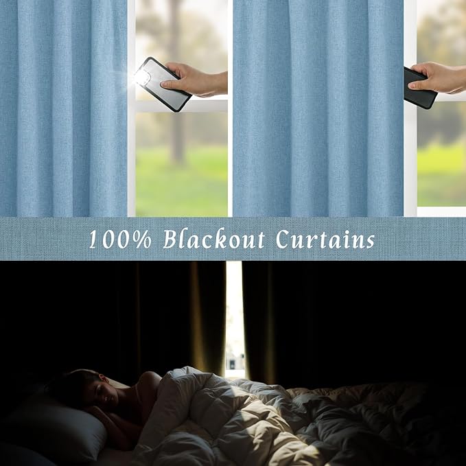 LAMIT Blue 100% Blackout Window Curtains for Boy Bedroom, 45 Inches Linen Textured Thermal Farmhouse Curtains Back Tab and Rod Pocket Window Panels with White Liner, 2 Panels, 52 x 45 Inch