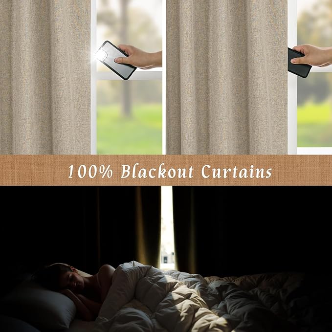 LAMIT 100% Blackout Short Linen Curtains for Cafe, 40 Inch Length Linen Textured Thermal Curtains Back Tab and Rod Pocket Neutral Panels with White Liner for Kitchen, 2 Panels, 42 x 40 Inch, Taupe