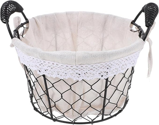 SAFIGLE Iron Wire Basket with Handle and Fabric Liner, Metal Storage Basket for Fresh Eggs and Bread Serving, Rustic Fruit Organizer for Kitchen and Coffee Table