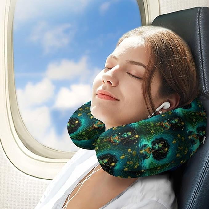 Fashion Travel Pillow Memory Foam Chin Head Support African American Black Woman Girl Art Green, Breathable Washable Cover for Women Men Airplane Car Decor