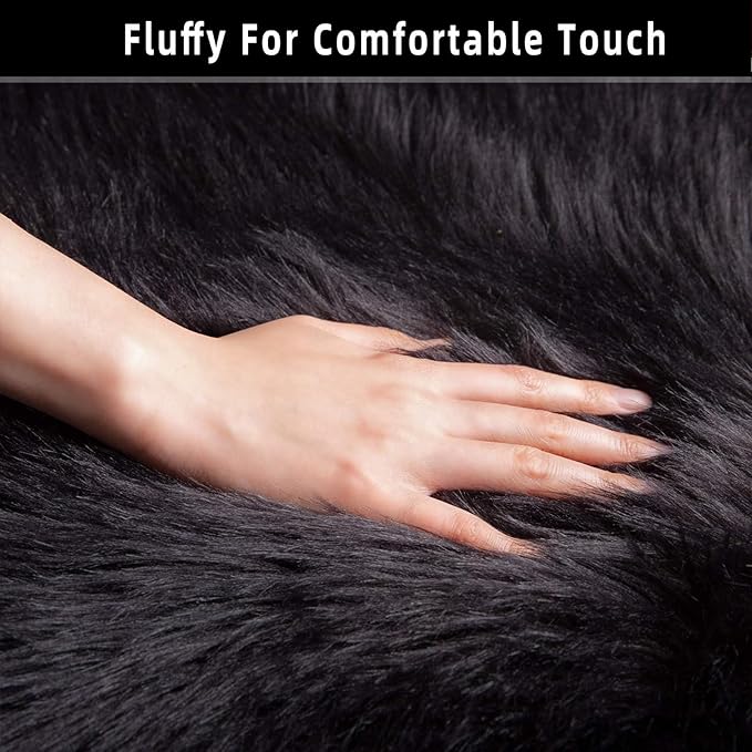 Black Faux Fur Sheepskin Area Rug for Living Room Bedroom, 6 x 6 Feet Ultra Soft Shaggy Fuzzy Furry Carpet Chair Throw Large Rugs for Kids, Girls, Nursery Room Decor Dorms