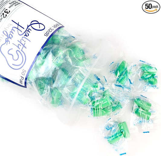 Quality Foam Earplugs 50 Pair- 32dB Noise Cancelling Disposable Individually Wrapped Packaged Bulk in Pairs Soft for Sleeping Travel Concert Shooting Hunting Study Work Construction Safety Green
