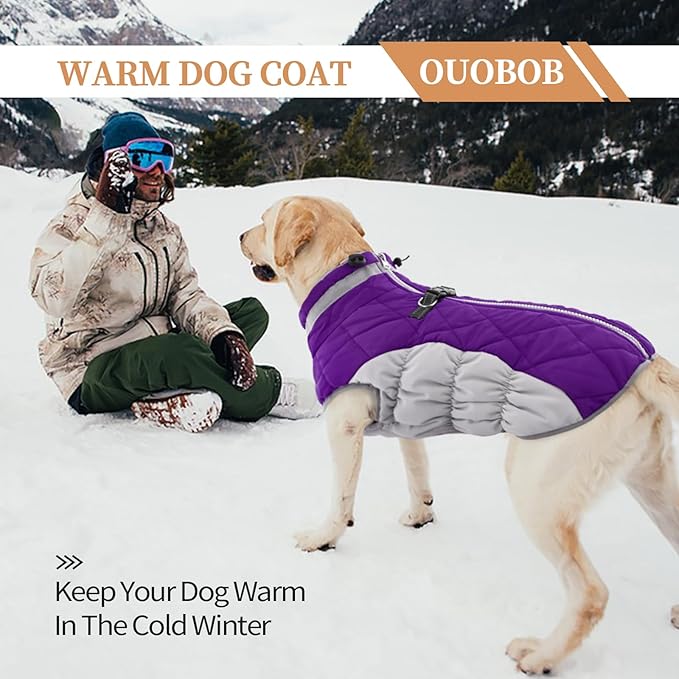 OUOBOB Dog Coats for Large Dogs,XL Dog Coat,Warm Fleece Winter Coat with D-Ring,Back Zipper Pet Jacket for Large Dogs,Waterproof Pet Snow Jacket Clothes Snowsuit Beagle Corgi Border Collie,Purple,XL