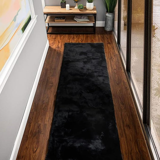 Black Shag Faux Rabbit Fluffy Fur Rugs for Bedroom Machine Washable Runner Rugs for Living Room 2x8 Runner Rug Nursery Rug