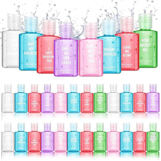 Frienda 24 Pcs Funny Hand Sanitizers with Sarcastic Sayings Mini Travel Size Pocket Hand Sanitizers Berry Peach 1 oz Gag Work Gifts for Christmas Stocking Stuffers Teacher Employee Appreciation Gifts