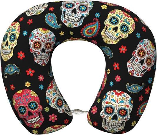 Travel Neck Pillow for Pain Relief Sleeping, Vintage Paisley Sugar Skull, Comfortable Memory Foam Chin Head Cushion Support with Zip Cover, Fashion Car Flight Pillows
