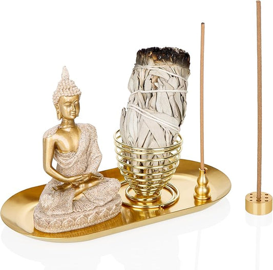 ZenBless 6 in 1 Incense Holder - Palo Santo, Buddha Statue, Sage & Incense Burner Holder for Sticks/Coil/Cones, Gold Oval Ash Catcher