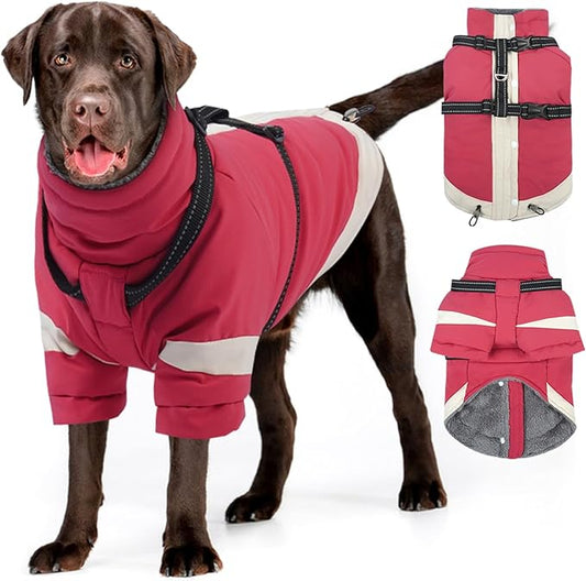 MIGOHI Rainproof Dog Winter Jacket with Harness,XXL Large Fleece Dog Coat with Sleeves,Adjustable Pet Puffer Jacket Snowsuit Cold Weather Coats for Golden Labrador Retriever,XXL,Pink