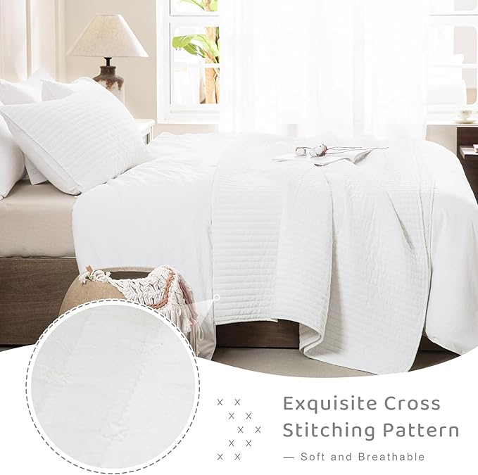 Sanracie Stonewashed Cotton Quilt Set King Size(110"x98"), Milk White Quilt Coverlet Bedding Set Cross Stitch Pattern 3Pcs Lightweight Crinkle Quilted Bedspread Set for All Season