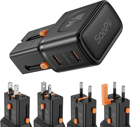 SooPii Gan USB C Charger 45W, 2 Port PD PPS Universal Travel Adapter, All-in-One Travel Charger with US UK EU AU Plug for for Galaxy S25/S24/Note 20, iPhone 16/15/14, iPad, MacBook, Pixel